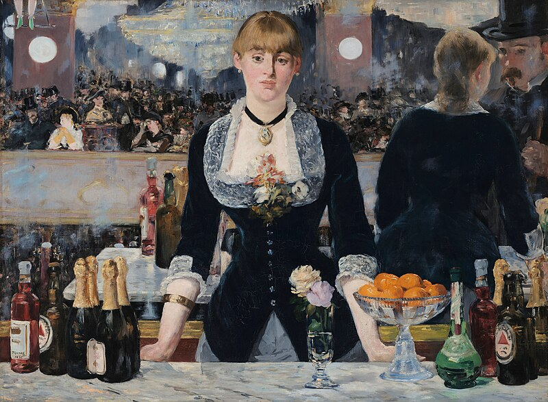 an impressionist painting of a barmaid (woman in a dark dress with a mirror behind her)